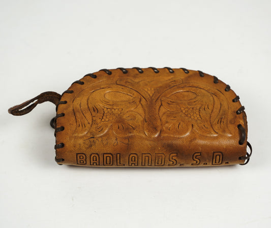 Leather Hand Tooled Badlands, SD Souvenir Coin Purse Zippered