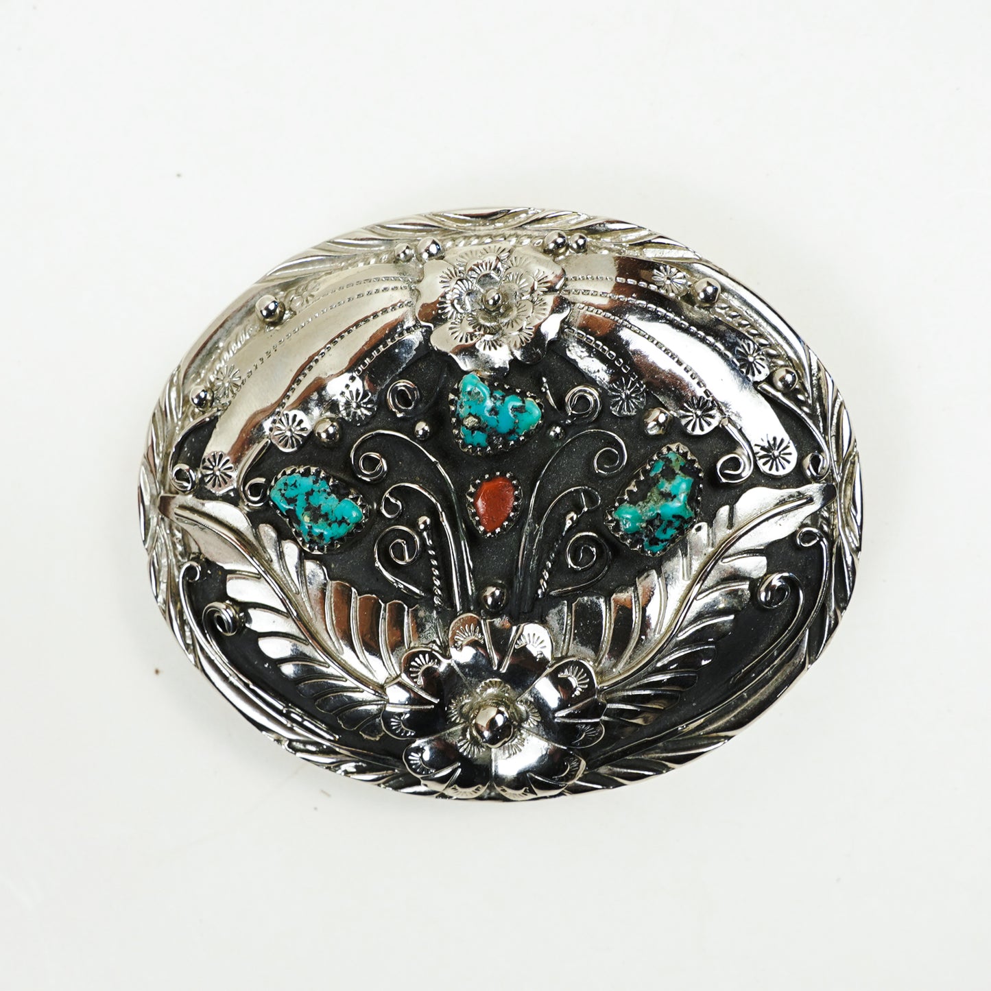 S.S.I. Floral Western Belt Buckle Real Turquoise & Coral Silverplate Like New