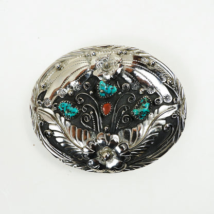 S.S.I. Floral Western Belt Buckle Real Turquoise & Coral Silverplate Like New