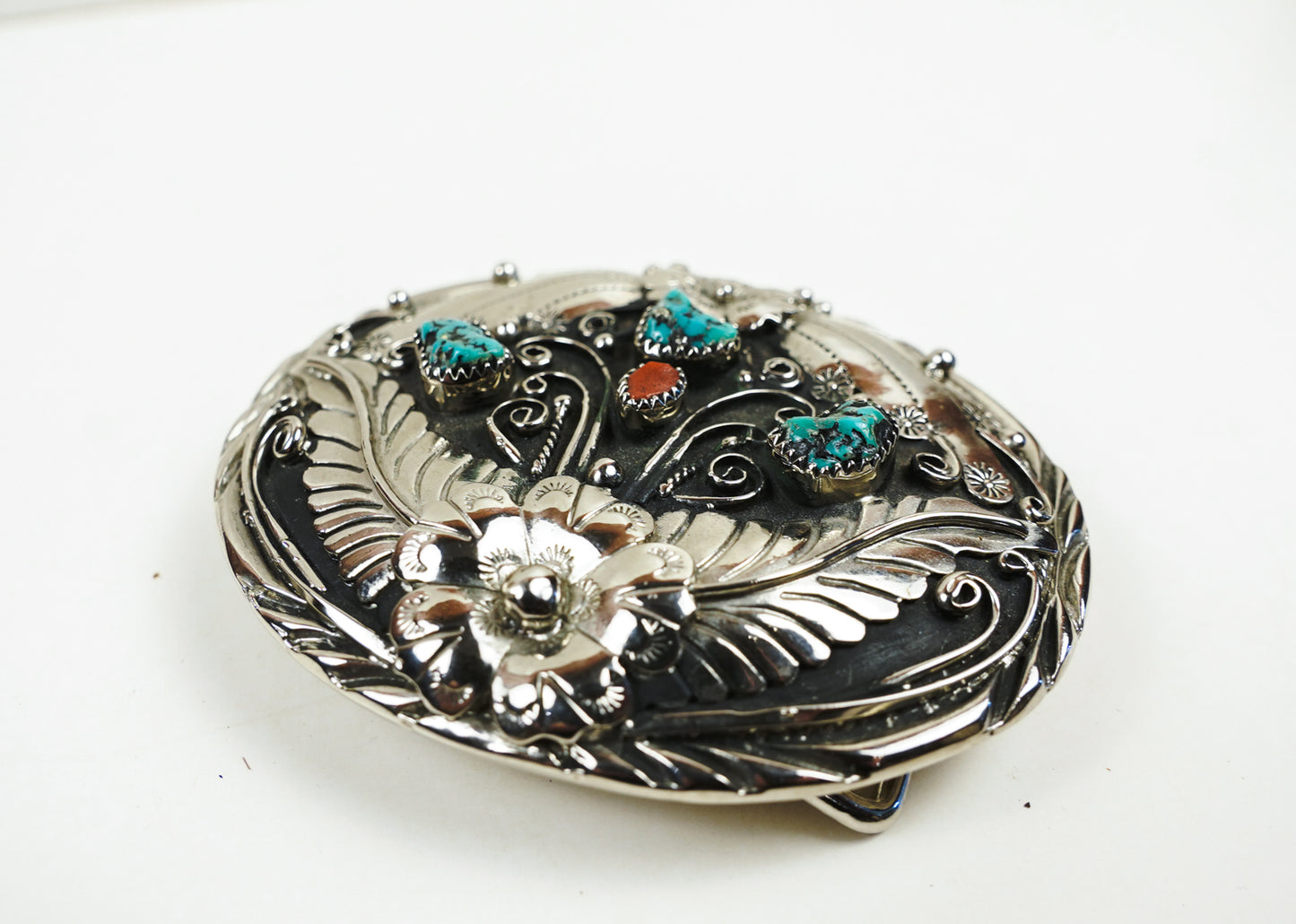 S.S.I. Floral Western Belt Buckle Real Turquoise & Coral Silverplate Like New