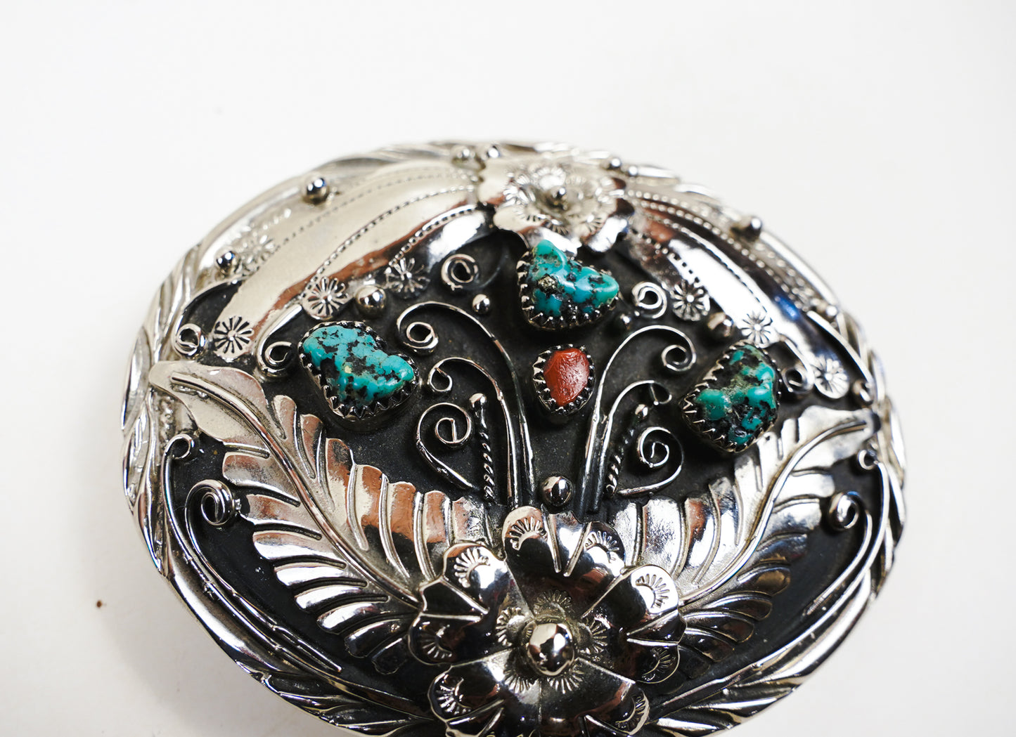 S.S.I. Floral Western Belt Buckle Real Turquoise & Coral Silverplate Like New