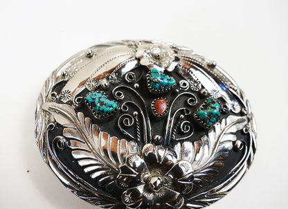 S.S.I. Floral Western Belt Buckle Real Turquoise & Coral Silverplate Like New
