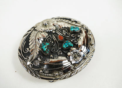 S.S.I. Floral Western Belt Buckle Real Turquoise & Coral Silverplate Like New