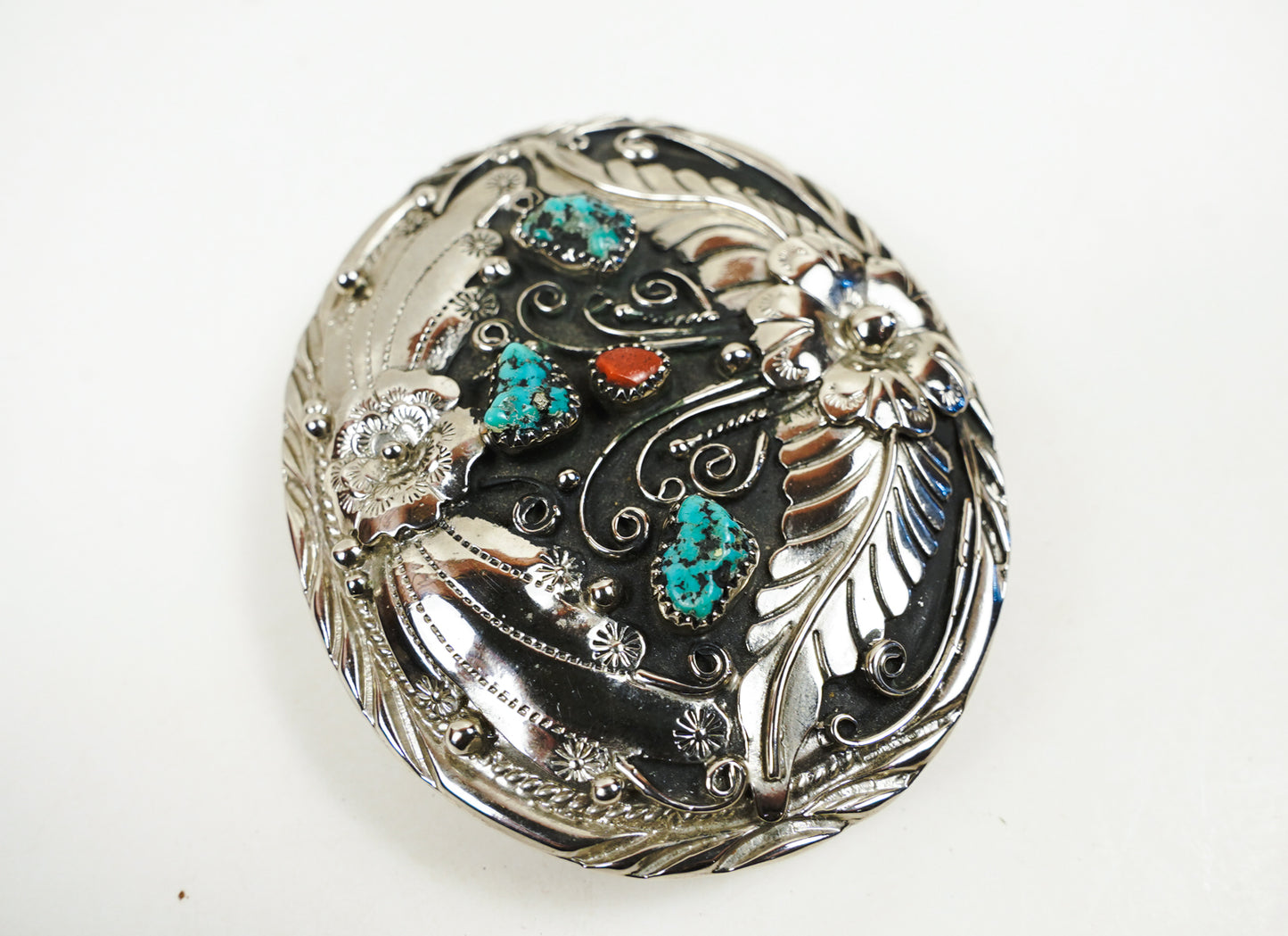 S.S.I. Floral Western Belt Buckle Real Turquoise & Coral Silverplate Like New
