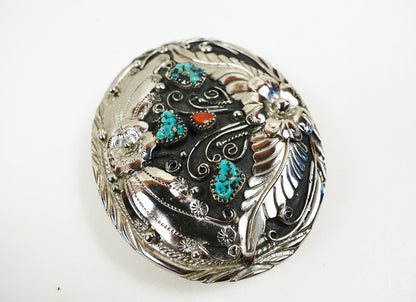 S.S.I. Floral Western Belt Buckle Real Turquoise & Coral Silverplate Like New