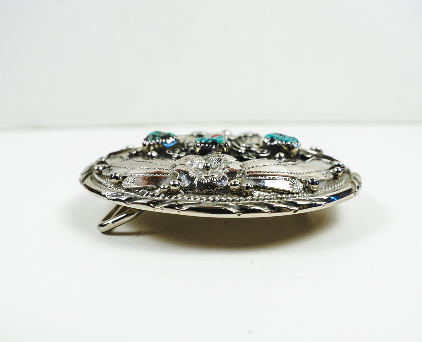 S.S.I. Floral Western Belt Buckle Real Turquoise & Coral Silverplate Like New