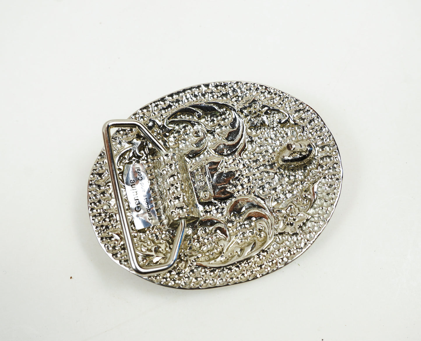 S.S.I. Floral Western Belt Buckle Real Turquoise & Coral Silverplate Like New