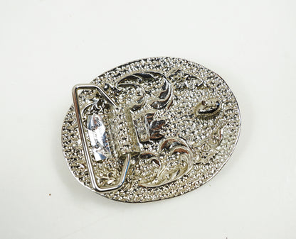 S.S.I. Floral Western Belt Buckle Real Turquoise & Coral Silverplate Like New