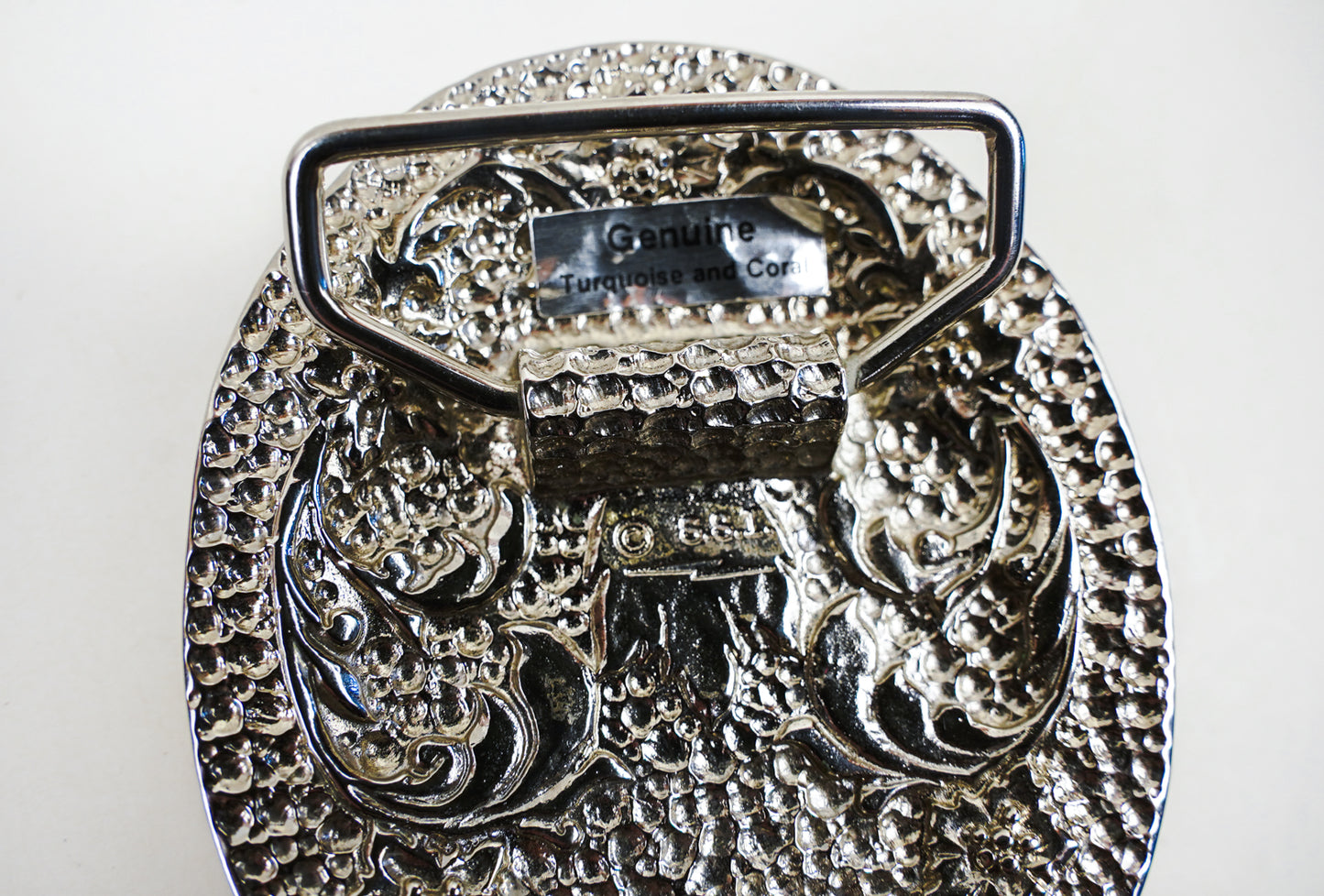 S.S.I. Floral Western Belt Buckle Real Turquoise & Coral Silverplate Like New