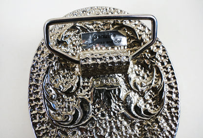 S.S.I. Floral Western Belt Buckle Real Turquoise & Coral Silverplate Like New