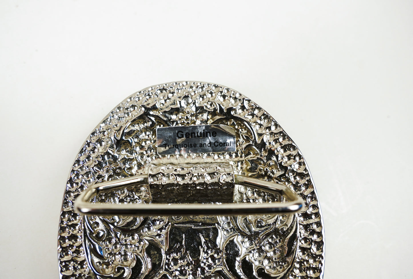 S.S.I. Floral Western Belt Buckle Real Turquoise & Coral Silverplate Like New