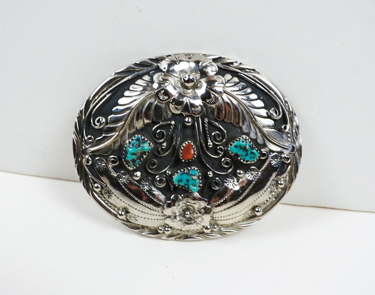 S.S.I. Floral Western Belt Buckle Real Turquoise & Coral Silverplate Like New