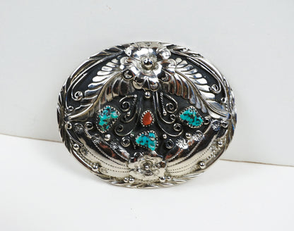 S.S.I. Floral Western Belt Buckle Real Turquoise & Coral Silverplate Like New