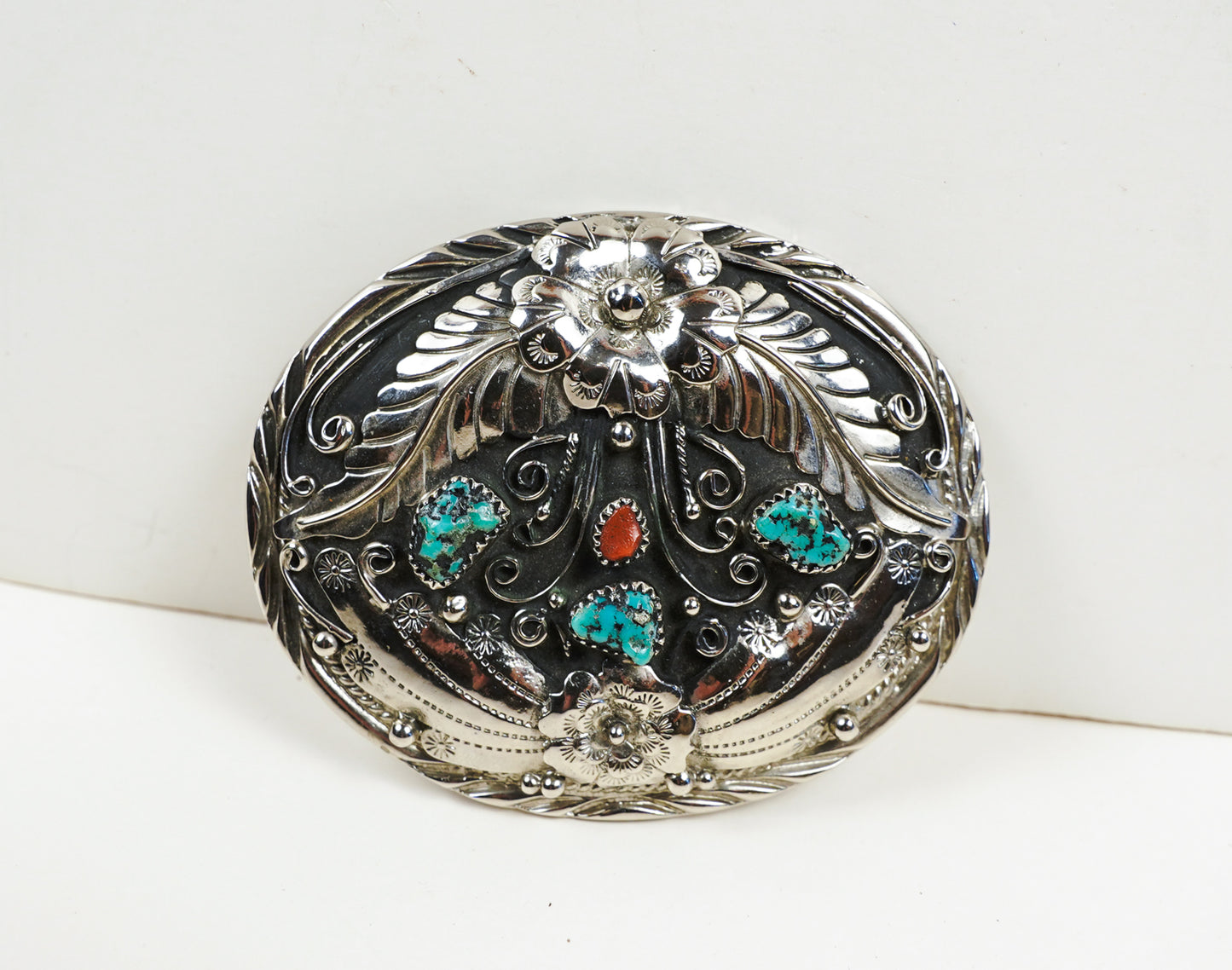 S.S.I. Floral Western Belt Buckle Real Turquoise & Coral Silverplate Like New