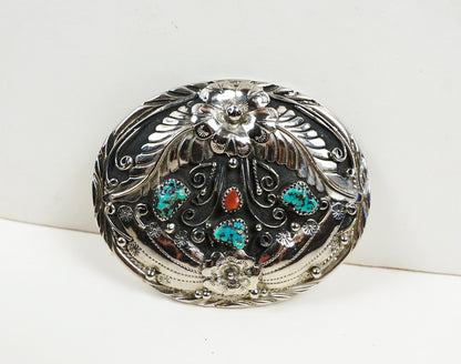 S.S.I. Floral Western Belt Buckle Real Turquoise & Coral Silverplate Like New