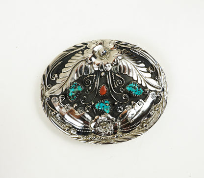 S.S.I. Floral Western Belt Buckle Real Turquoise & Coral Silverplate Like New