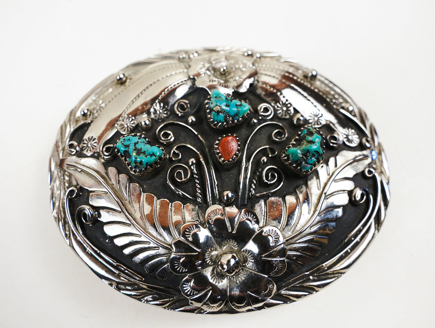 S.S.I. Floral Western Belt Buckle Real Turquoise & Coral Silverplate Like New