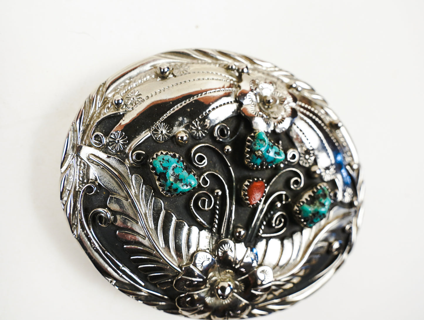 S.S.I. Floral Western Belt Buckle Real Turquoise & Coral Silverplate Like New