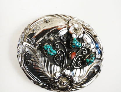 S.S.I. Floral Western Belt Buckle Real Turquoise & Coral Silverplate Like New