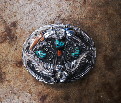 S.S.I. Floral Western Belt Buckle Real Turquoise & Coral Silverplate Like New