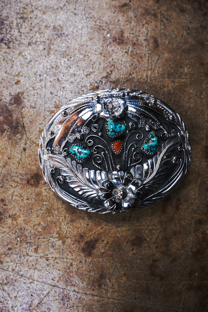 S.S.I. Floral Western Belt Buckle Real Turquoise & Coral Silverplate Like New