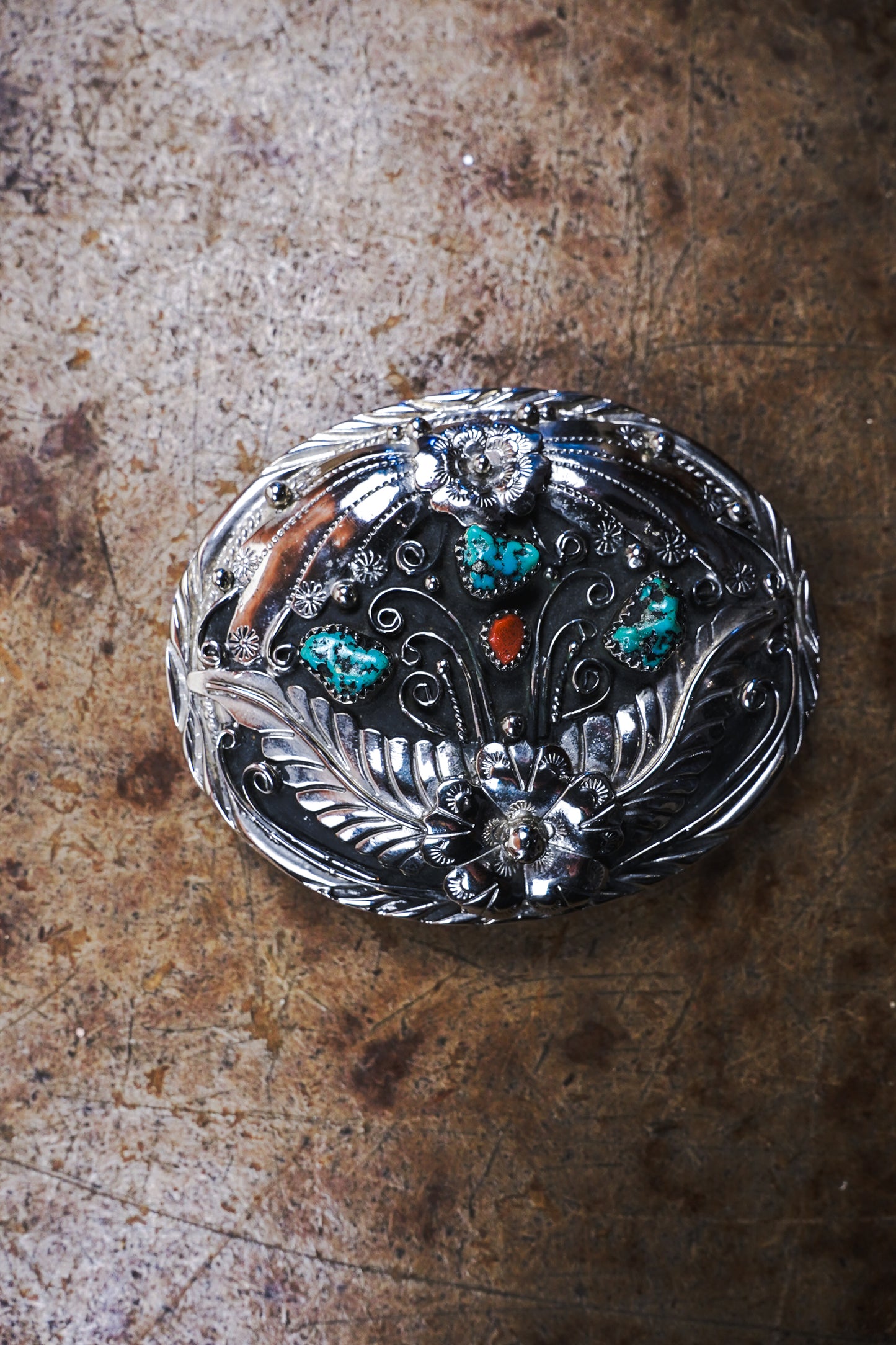 S.S.I. Floral Western Belt Buckle Real Turquoise & Coral Silverplate Like New