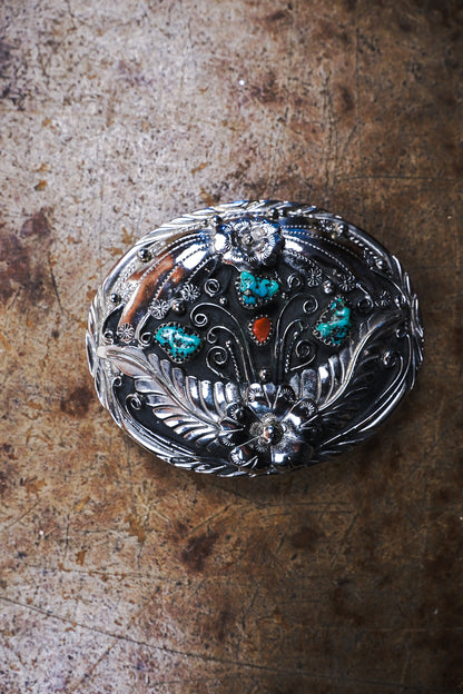 S.S.I. Floral Western Belt Buckle Real Turquoise & Coral Silverplate Like New