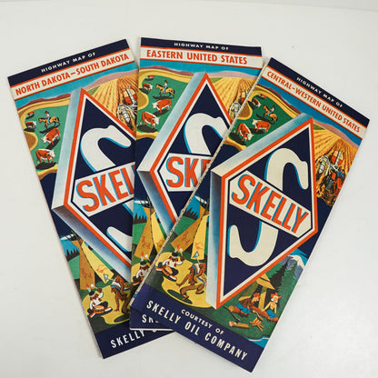 Vtg 50s Skelly Oil Co Hwy Maps Set of 3- N&S Dakota, E USA, Central/W US