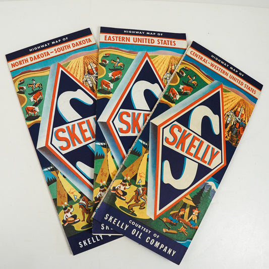 Vtg 50s Skelly Oil Co Hwy Maps Set of 3- N&S Dakota, E USA, Central/W US
