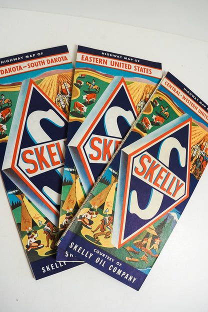 Vtg 50s Skelly Oil Co Hwy Maps Set of 3- N&S Dakota, E USA, Central/W US
