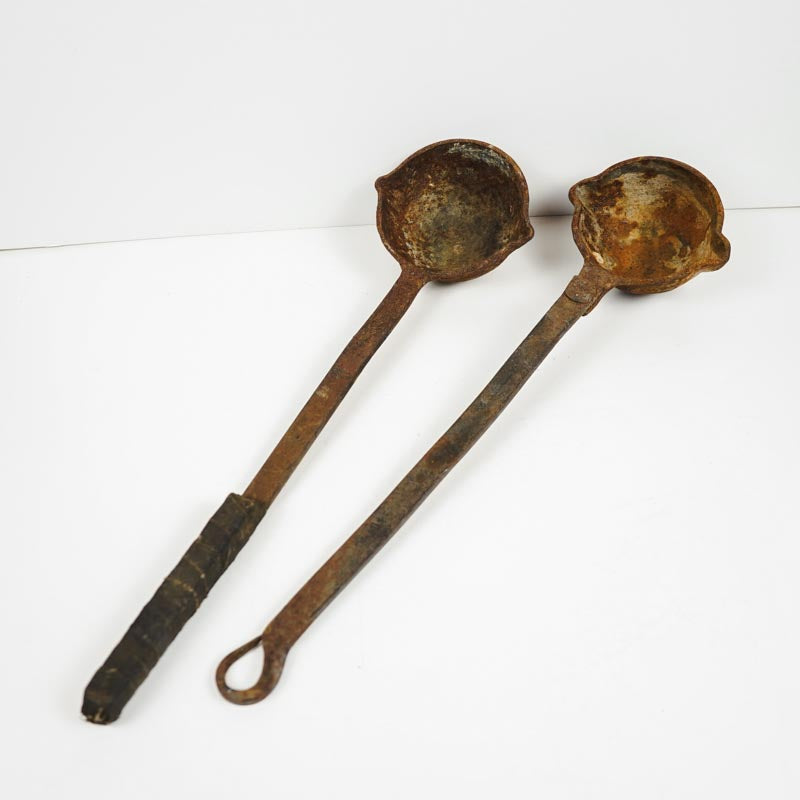 Antique Cast Iron Smelting Lead Ladles Set of 2 Vintage Double Pour Spout