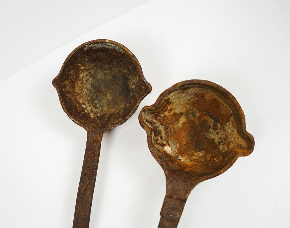Antique Cast Iron Smelting Lead Ladles Set of 2 Vintage Double Pour Spout