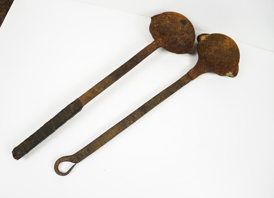 Antique Cast Iron Smelting Lead Ladles Set of 2 Vintage Double Pour Spout