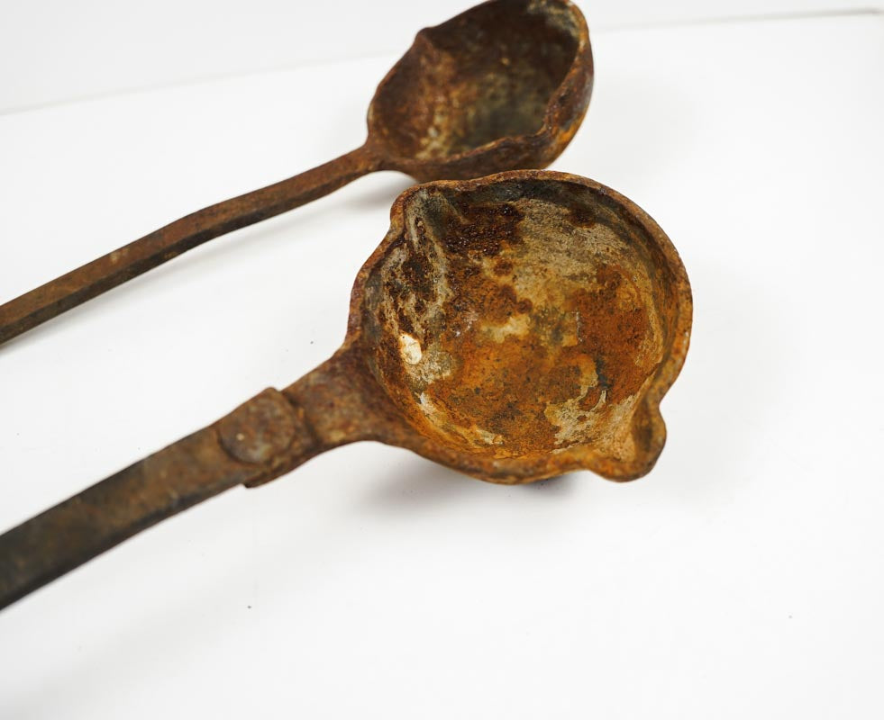 Antique Cast Iron Smelting Lead Ladles Set of 2 Vintage Double Pour Spout
