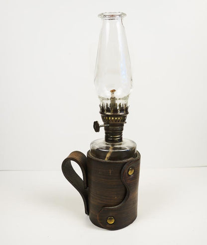 Vtg 50s Foster Forbes Mini Glass Hurricane Oil Lamp with Leather Cover & Handle