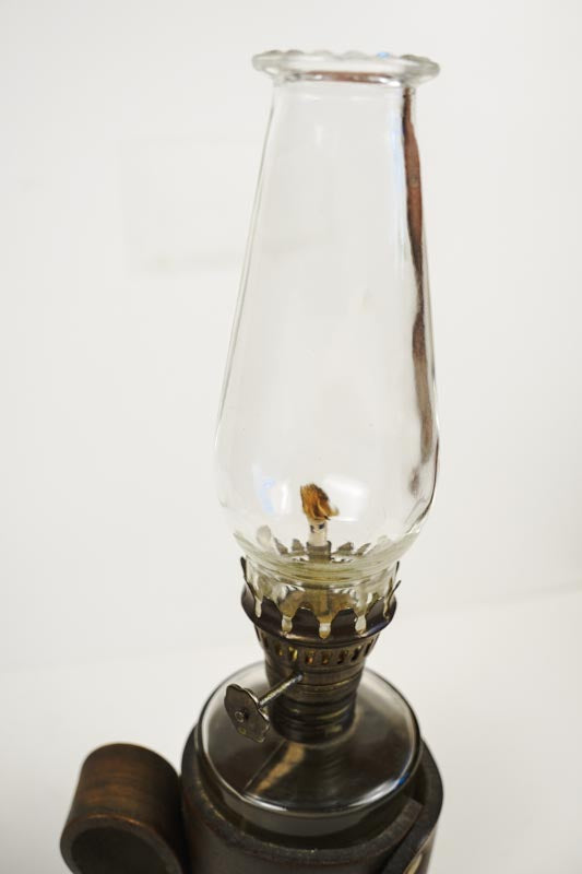Vtg 50s Foster Forbes Mini Glass Hurricane Oil Lamp with Leather Cover & Handle