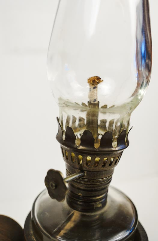 Vtg 50s Foster Forbes Mini Glass Hurricane Oil Lamp with Leather Cover & Handle
