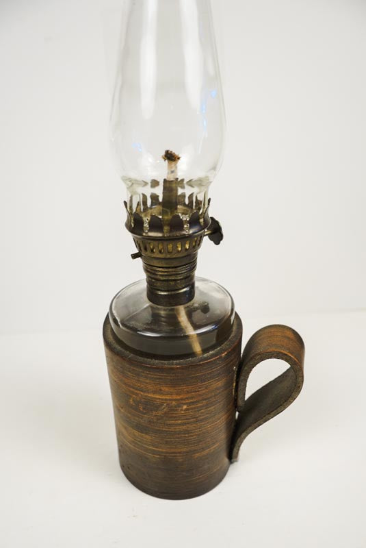 Vtg 50s Foster Forbes Mini Glass Hurricane Oil Lamp with Leather Cover & Handle