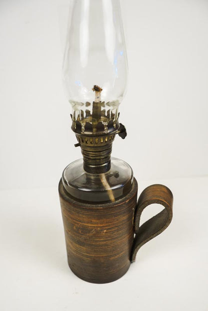 Vtg 50s Foster Forbes Mini Glass Hurricane Oil Lamp with Leather Cover & Handle