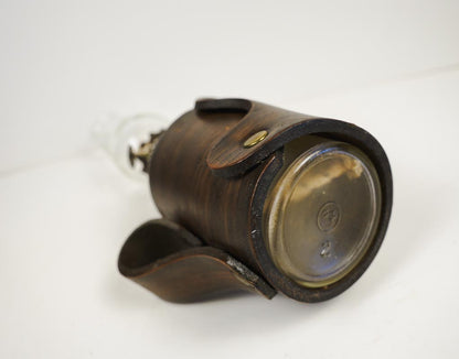 Vtg 50s Foster Forbes Mini Glass Hurricane Oil Lamp with Leather Cover & Handle