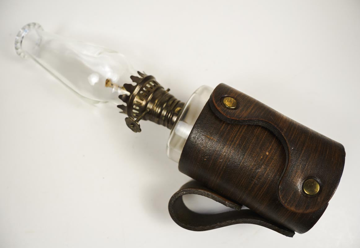 Vtg 50s Foster Forbes Mini Glass Hurricane Oil Lamp with Leather Cover & Handle