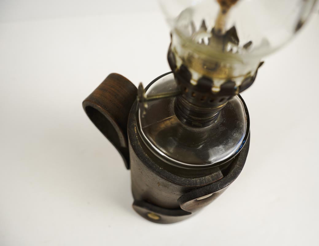 Vtg 50s Foster Forbes Mini Glass Hurricane Oil Lamp with Leather Cover & Handle