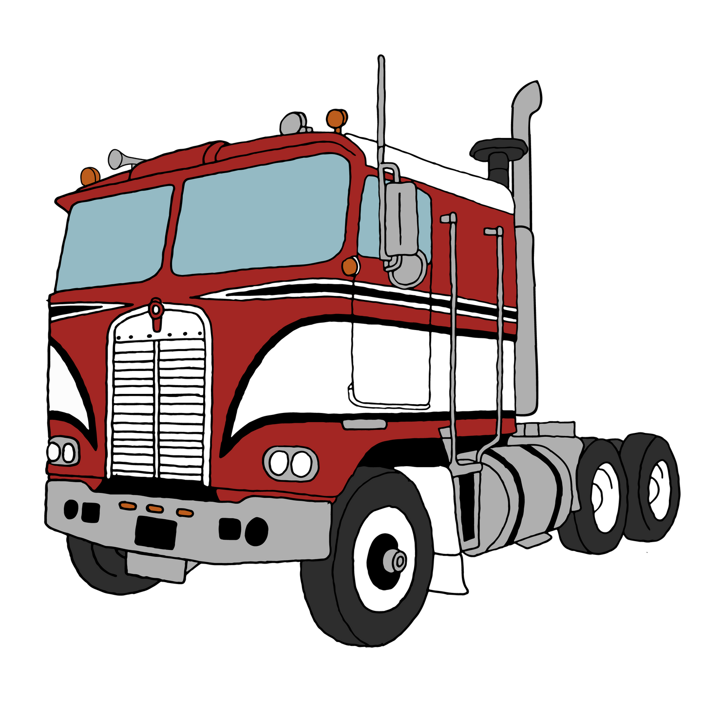Red Semi Truck Cabover Die Cut Sticker Hand Drawn Design