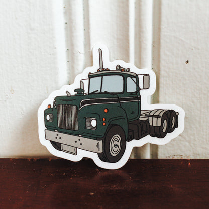 Green Semi Truck Mack Style Die Cut Sticker Hand Drawn Design