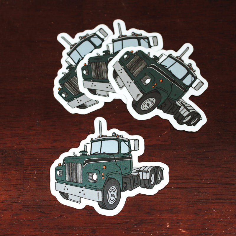 Green Semi Truck Mack Style Die Cut Sticker Hand Drawn Design