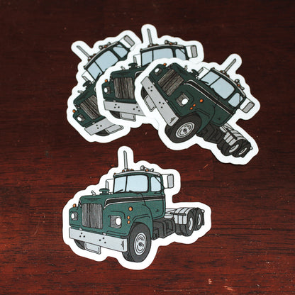 Green Semi Truck Mack Style Die Cut Sticker Hand Drawn Design