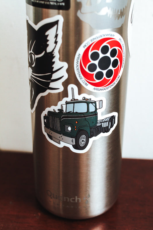 Green Semi Truck Mack Style Die Cut Sticker Hand Drawn Design