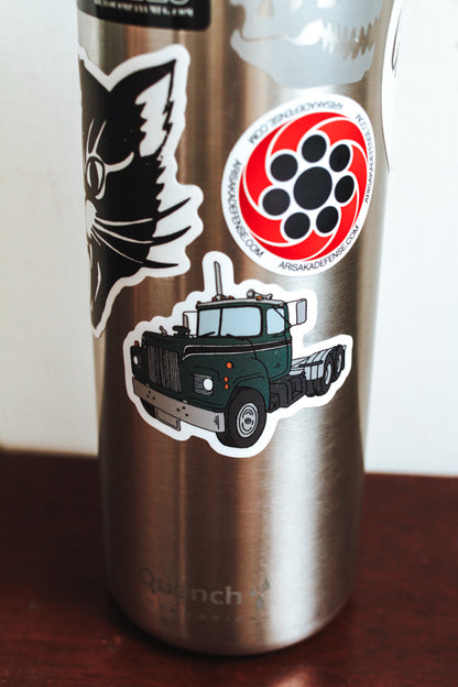 Green Semi Truck Mack Style Die Cut Sticker Hand Drawn Design