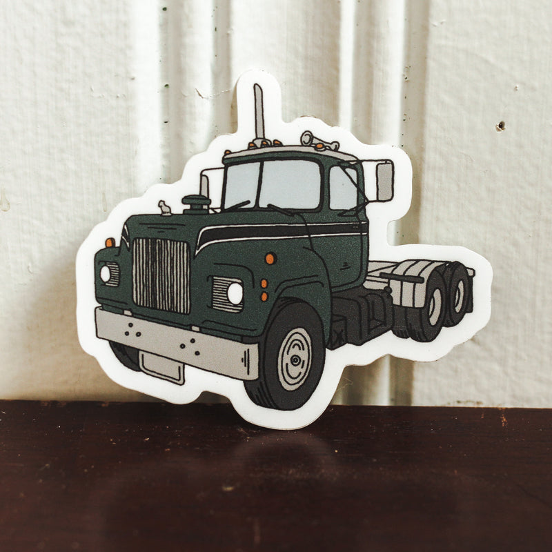 Green Semi Truck Mack Style Die Cut Sticker Hand Drawn Design
