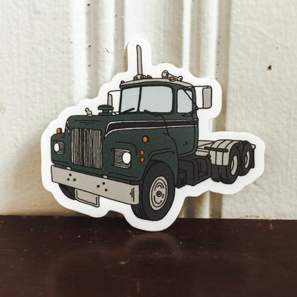 Green Semi Truck Mack Style Die Cut Sticker Hand Drawn Design